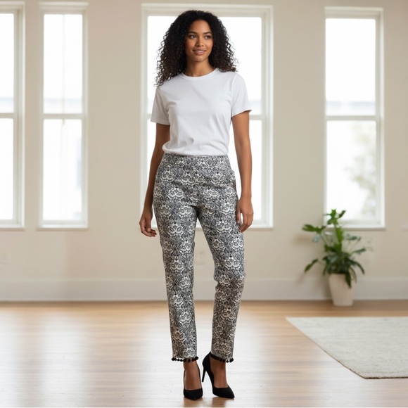 Chico's Pants - Chico's So-Slimming Black and White Patterned Ankle Pants with Pom Pom Details